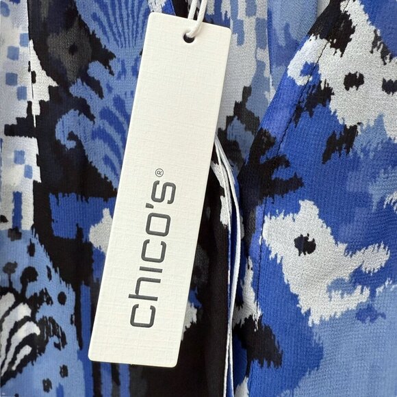 CHICO'S Trapunto Blouse Size 12 / L (Chicos 2) Blue Black Ikat Flowy Chiffon NWT - Picture 7 of 14